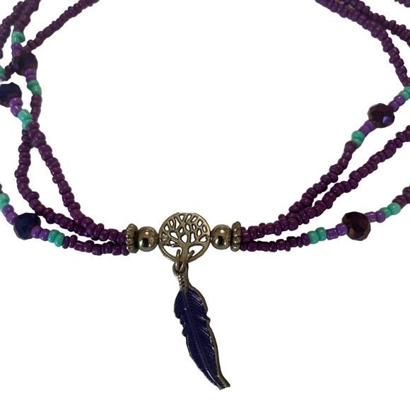 BOHEMIAN HANDMADE ANKLET PURPLE BEADS WITH FEATHER CHARM MULTICOLOR - Picture 2 of 10